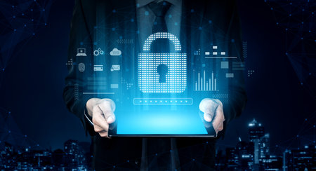 Cybersecurity protection system showing password encryption, fingerprint ID, cloud security, email,...