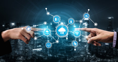 Two hands reaching towards a digital cloud network showcase innovative technology and connectivity,...