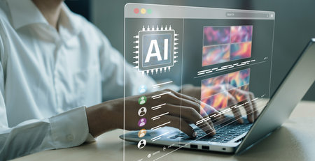 A modern workspace showcasing hands typing on a laptop with AI and generative intelligence graphics,...