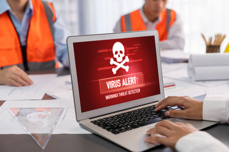 Virus warning alert on computer screen detected brisk cyber threat , hacker, computer virus and...