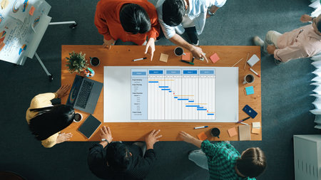 Collaborative Team Meeting for Project Management with Gantt Chart and Discussion Over Table in...