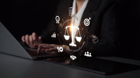 Futuristic digital law interface displaying justice scale, highlighting digital law, AI compliance,...