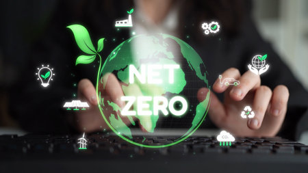 Net zero and sustainability concepts with environmental balance, digital sustainability icons, green energy goals, and eco-conscious digital business transformation for the future. Muxerの写真素材