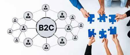 This image illustrates a collaborative business concept with hands assembling blue puzzle pieces...