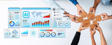 A dynamic workspace scene featuring a team collaborating on data analytics and artificial...
