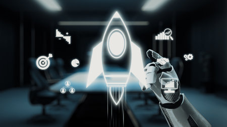 A robotic hand points toward a rocket graphic, representing innovation and progress in a modern...