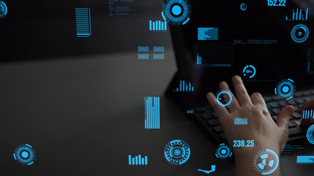 A close-up view of hands typing on a keyboard, surrounded by futuristic digital elements and data...