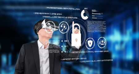A professional man wearing virtual reality goggles engages with complex data protection concepts,...
