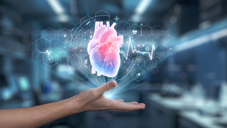 Close up of human hand holding heart holographic floating at laboratory background. Human hand...
