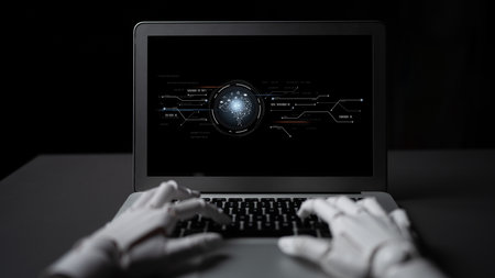 AI processing digital data through neural circuits, analyzing signals, powering intelligence, and managing core functions in a connected technology framework.の写真素材