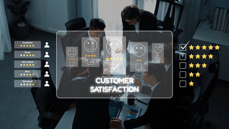 Group of diverse professionals engaged in a meeting focusing on customer satisfaction ratings,...