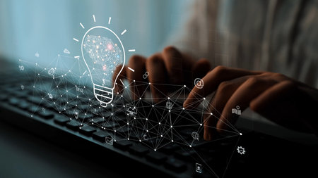 AI innovation with neural network and digital transformation. AI innovation drives automation,...