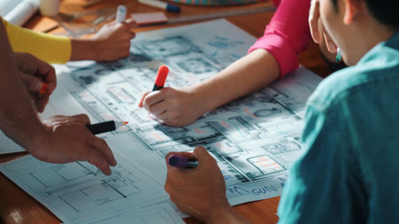 Top view of civil engineer team writing at blueprint at meeting table with color palettes. Group of...