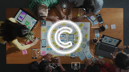 A dynamic overhead view of a collaborative workspace showcasing creative brainstorming with digital...