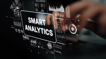 Professional Hands Engaging with Smart Analytics Dashboard for Data-Driven Business Insights and...