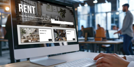 Online real estate rental search brisk on computer. House home or apartment rental website online.の素材
