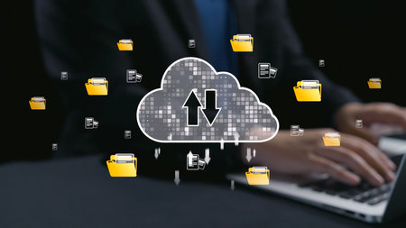 Illustrate the concept of cloud storage with a focus on file upload and download, featuring yellow...