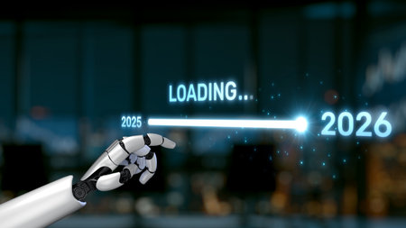 A robotic hand points at a loading timeline from 2025 to 2026, representing the advancement and...