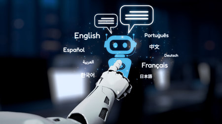 This image depicts a futuristic robot interacting through multilingual communication, highlighting...