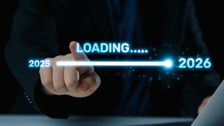 Visualizing the shift from 2025 to 2026. Progress bar symbolizing advancement, strategic foresight,...