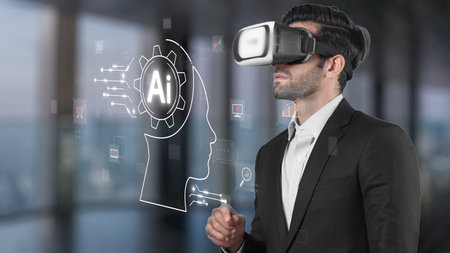 A businessman wearing a virtual reality headset explores artificial intelligence concepts in a sleek...