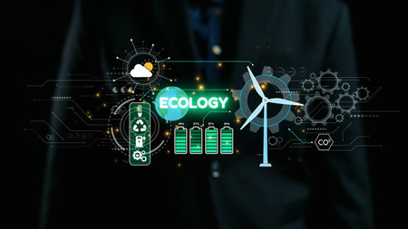 This image represents the fusion of ecology and modern technology, featuring a wind turbine and...