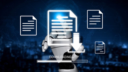 AI facilitates digital document downloading and data access with optimized transfer process, improving speed, security, and file management for various users.の写真素材