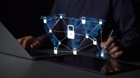 Cyber security protection and cyber security strategies against cyber threats, system hacks, digital breaches, network attacks, and safeguarding data with strong cyber security infrastructure.の写真素材