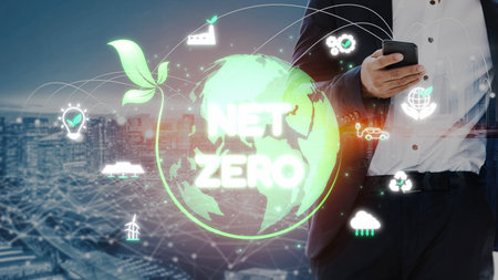 Net zero and sustainability concepts with environmental balance, digital sustainability icons, green energy goals, and eco-conscious digital business transformation for the future.の写真素材