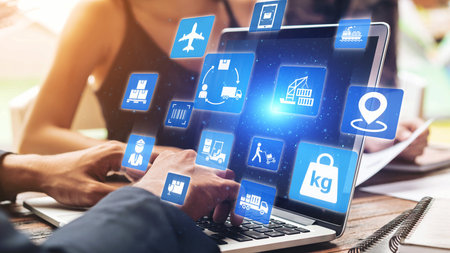 Logistics icons illustrate delivery, supply chain, warehouse, and shipping. Logistics connects...