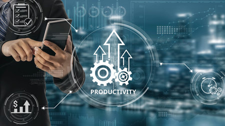 Productivity improvement in digital business, showing productivity tools, productivity tracking, productivity optimization, and workflow for business workplace efficiency.の写真素材