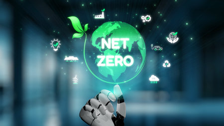 AI guides sustainability strategy with eco-intelligent tools and virtual assistants for achieving net zero goals and transforming digital business with green innovation.の写真素材