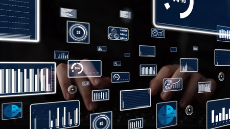 A creative digital interface showcases various data graphics and metrics, illustrating advanced...
