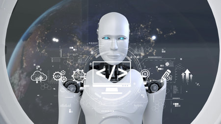 A humanoid robot stands before a digital interface, analyzing complex data against a cosmic...
