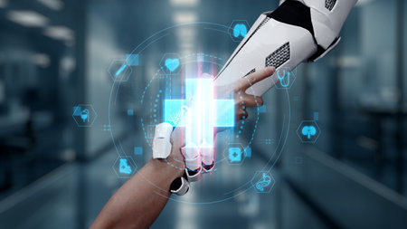Close up of human hand reaching and holding robotic arm with medical cross holographic floating. White robot arm helping and supporting human while holding human with red cross icon at lab.Salubrious.の写真素材