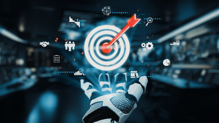 A futuristic robot hand reaching out to a digital target surrounded by various icons representing...