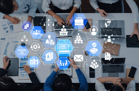 Job search icons show recruitment, HR management, and employee career growth. Job search helps...