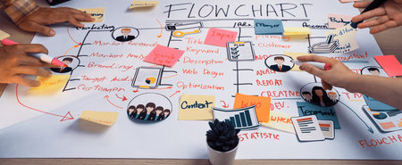 A group of professionals collaborate on a business strategy using a flow chart and colorful sticky notes on a table, combining creativity with structured planning.の写真素材