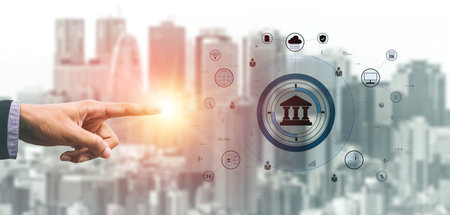 A global FinTech and digital banking network technology concept. A central financial system connected to the worldwide digital economy and services. Motifの写真素材