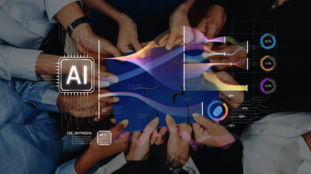 A diverse group of individuals is engaged in collaboration over a digital device, illustrating artificial intelligence concepts with vibrant graphics in a modern workspace. Rasterの写真素材