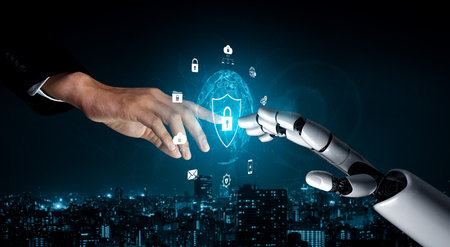 AI artificial intelligence strengthens cybersecurity with intelligent threat detection, virtual assistant alerts, and proactive protection against digital breaches.の写真素材
