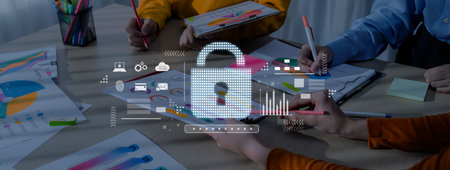 A group of professionals engages in teamwork while planning data security strategies. Digital lock...