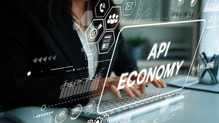 Business Professional Engaging with Digital Interface Representing API Economy and Technological...