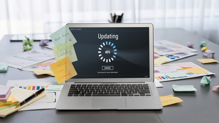 Sticky note for creative and analytic brainstorm for business idea with BI data dashboard on laptop screen. Analysis financial data visualization tech for marketing strategy.の写真素材