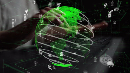 This image showcases a digital globe surrounded by eco-friendly icons, symbolizing the intersection...