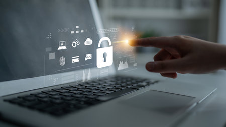 Digital cyber security lock system highlighting data security encryption, cyber password protection,...