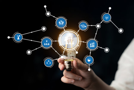 This image showcases a light bulb encapsulating concepts of innovation and technology, connected by...
