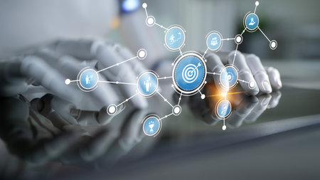 Hands interact with a digital interface, symbolizing technological advances and communication in a...