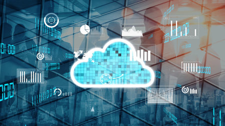A conceptual image illustrating modern cloud technology surrounded by digital charts, showcasing...
