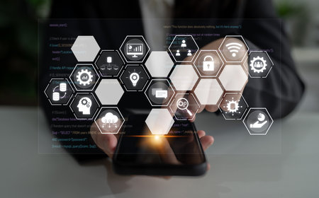 Hexagon interface combining AI, data, analytics, and cybersecurity. AI connects systems, data drives...